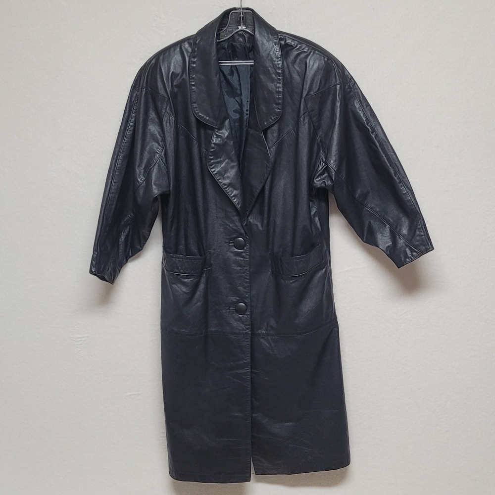 80s Vintage BKE Black Leather Longline Dolman Sleeve Oversized Trench Coat 7/8 - Picture 4 of 14